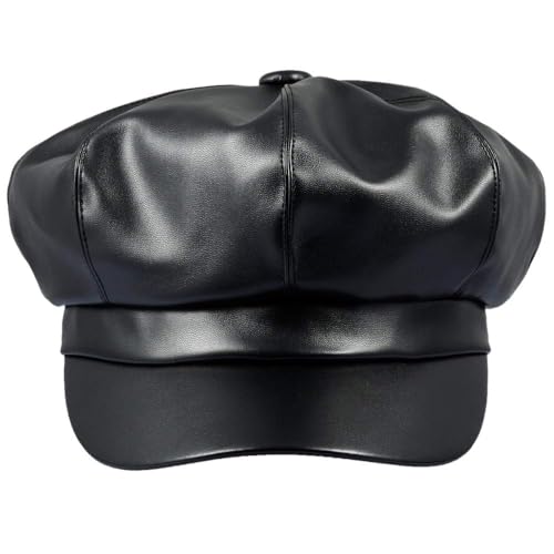 Women Newsboy Hats,8 Panel Ivy Beret PU Leather Cabbie Cap - color: Black