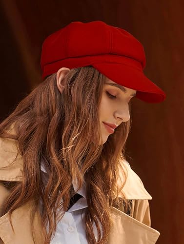 Women’s Newsboy Cap Wool Blend Retro Solid Color Girls Fashion Gatsby Cabbie Visor Beret Hat - color: Red