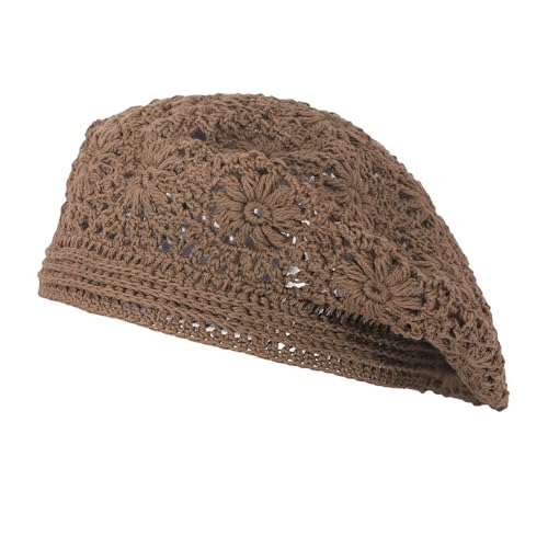 ZLYC Women Cotton Slouchy Crochet Beret Handmade Cutout Floral Beanie Hat - color: Plain Brown