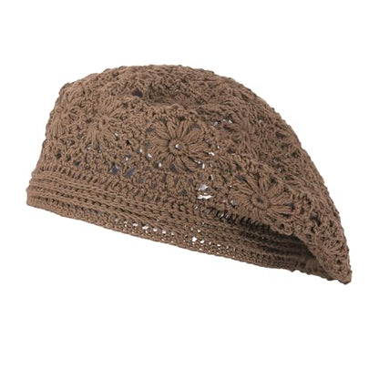 ZLYC Women Cotton Slouchy Crochet Beret Handmade Cutout Floral Beanie Hat - color: Plain Brown