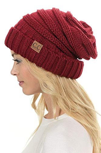 C.C Hat-100 Oversized Baggy Slouch Thick Warm Cap Hat Skully Cable Knit Beanie - color: Burgundy