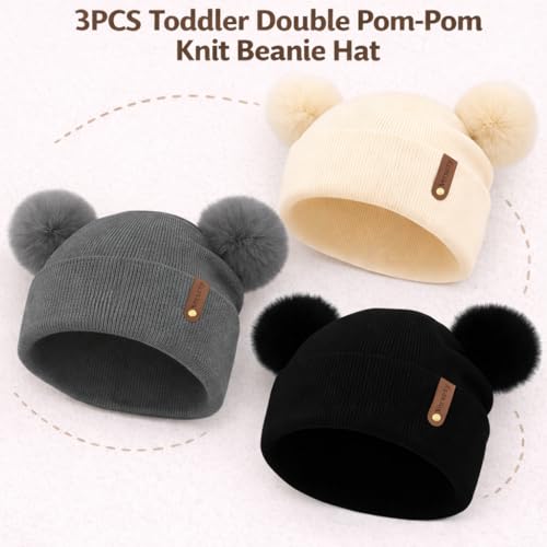 Toddler Winter Beanie Hats 3 Pack – Double Pom Pom Soft Knitted Hats for Baby Boys Girls 6–36 Months - color: Dark Grey+beige+black