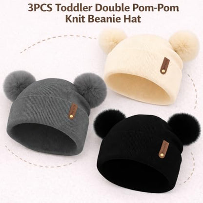 Toddler Winter Beanie Hats 3 Pack – Double Pom Pom Soft Knitted Hats for Baby Boys Girls 6–36 Months - color: Dark Grey+beige+black