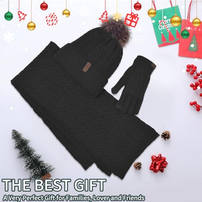 Winter Hat Scarf Gloves Set for Women, Classic Cable Beanie with Removable Pom Pom Long Scarf Touchscreen Gloves 3 in 1 Set - color: Black