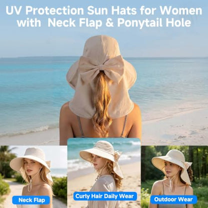 Womens Ponytail Hole Sun Hat with Neck Flap Outdoor UPF 50+ - color: Beige