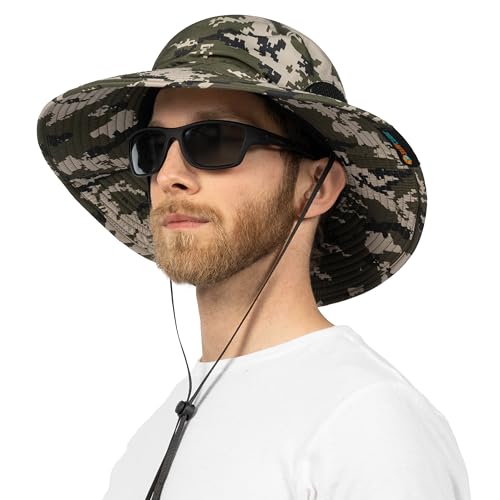 SUN CUBE Wide Brim Sun Hat for Men & Women, UPF 50+ UV Protection, Mesh Boonie Hat with Chin Strap, Fishing Hiking Hat - color: Camo Green