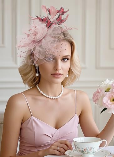Zinniday Butterfly Derby Hat 2025 - Classic Tea Party Hats with Hair Clip, 1920s 50s Fascinators for Lady Woman - color: Pink