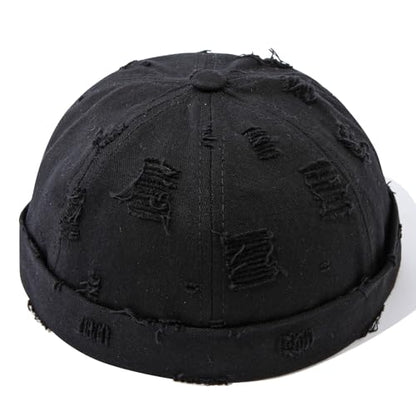 Retro Frayed Brimless Docker Cap Rolled Cuffed Beanie Skullcap Sailor Landlord Hat Casual Lovers Hip Hop Dancing Hats - color: Mg-xgmmxpd51-black