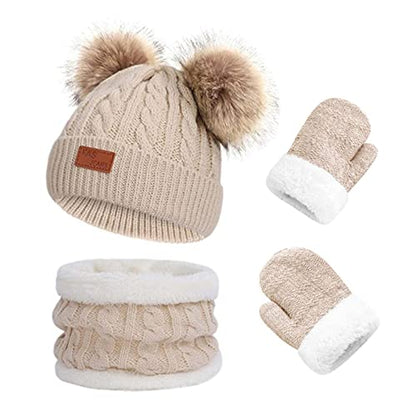 Duoyeree Baby Winter Hat Scarf Glove Beanie Set Fleece Lined Set 0-3T - color: Winter Hat Set Beige