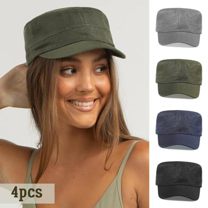Glamorstar Unisex Cadet Army Hats 4 Pieces Military Flat Top Newsboy Cap - color: Black+grey+navy+amry Green