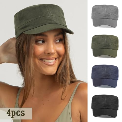 Glamorstar Unisex Cadet Army Hats 4 Pieces Military Flat Top Newsboy Cap - color: Black+grey+navy+amry Green