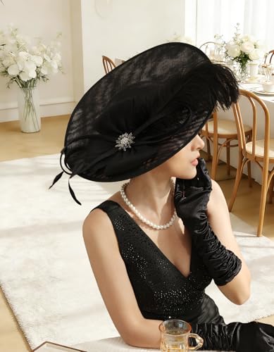 Unpifolov Fascinators Hats Elegant Women Flower Mesh Feathers Wedding Cocktail Bride Headband for Derby Hat Tea Party - color: Black