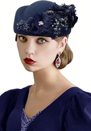 Women's Retro British Felt Headscarf Hat Church Derby Headdress with Floral Women's Soft Beret - color: Navyblue