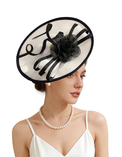 Unpifolov Fascinators Hats Elegant Women Flower Mesh Feathers Wedding Cocktail Bride Headband for Derby Hat Tea Party - color: Black+beige