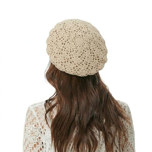 ZLYC Women Cotton Slouchy Crochet Beret Handmade Cutout Floral Beanie Hat - color: Crochet Beige