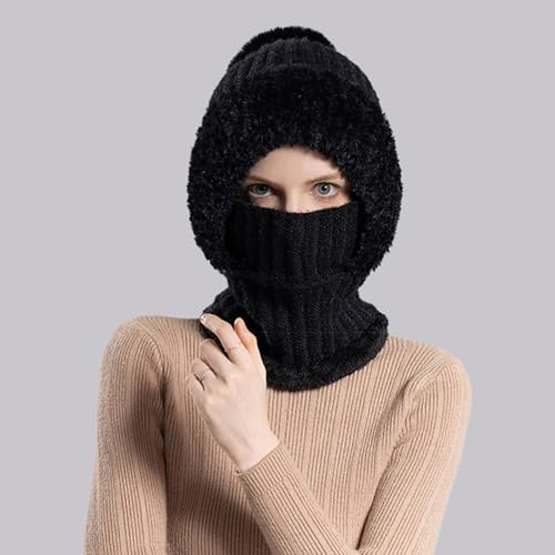 Women’s Knitted Beanie Hat with Face Cover - 3 in 1 Winter Balaclava with Mask Scarf Ear Muffs Pompom Fleece Lined Snow Caps - color: Black-a