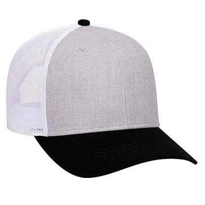 Ashen Fane 6 Panel Blend Twill Structured Low Profile Mesh Back Snapback Trucker Hat - color: Black/Heather Gray/White
