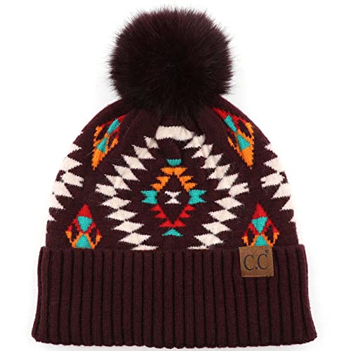 C.C Fur Pom Winter Fall Trendy Chunky Stretchy Cable Knit Beanie Hat - color: Aztec Dk. Berry