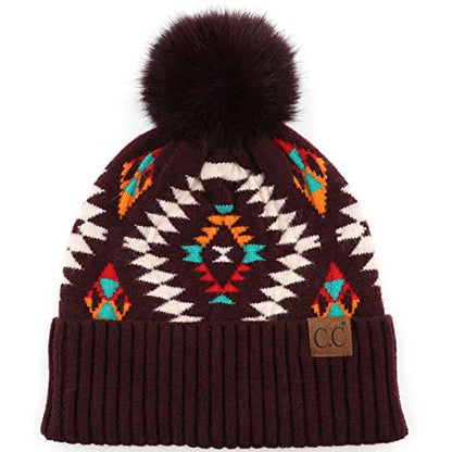 C.C Fur Pom Winter Fall Trendy Chunky Stretchy Cable Knit Beanie Hat - color: Aztec Dk. Berry