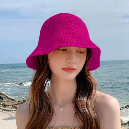 Womens Floppy Straw Sun Hat Packable Wide Brim Summer Beach Hat Foldable Crochet Bucket Hats - color: Rose Red 2