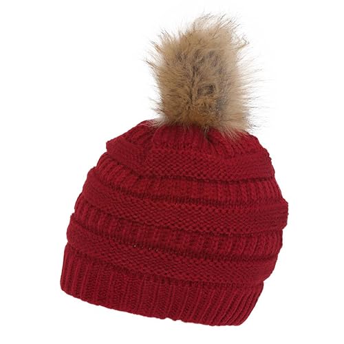 Gravity Threads Cable Knit Faux Fur Pom Pom Beanie Hat - color: Red
