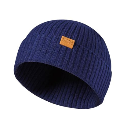 100% Merino Wool Fisherman Beanie Hat, Unisex Warm Winter Hats, Soft Breathable Knitted Short Cuffed Cap - color: Dark Blue