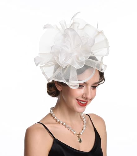 Women's Organza Church Vintage Wedding Fascinator Tea Party Wedding Hat Summer - color: Hj2-beige Flower