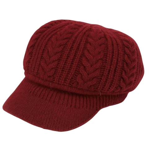 Women Knit Visor Beanie Warm Winter Hat Soft Cable Knit Cap Cozy Brim Style for Fall and Cold Weather - color: Burgundy