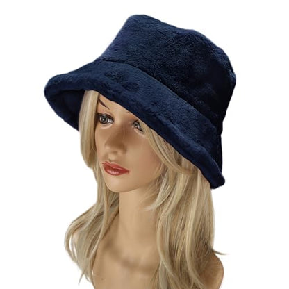 Umeepar Winter Faux Fur Fuzzy Bucket Hat Fluffy Warm Hat for Women Men - color: Plain Dark Blue