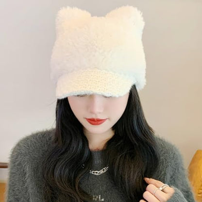 Cat Ears Fleece Lined Brimmed Beanie Hats Winter Golf Cap Brim Bill Visor Women - color: White