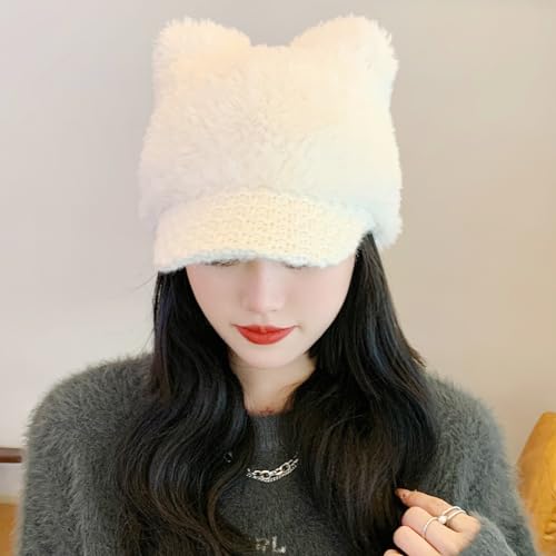 Cat Ears Fleece Lined Brimmed Beanie Hats Winter Golf Cap Brim Bill Visor Women - color: White