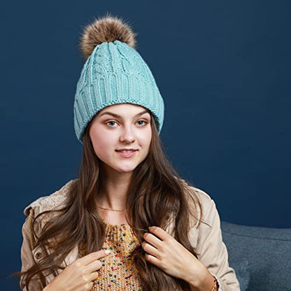 REDESS Women Winter Pompom Beanie Hat with Warm Fleece Lined Thick Slouchy Snow Knit Hat Skull Ski Cap - color: Blue