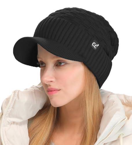 C.C Fuzzy Fleece Lined Warm Oversized Chunky Soft Stretchy Oversized Two Way Ribbed Slouchy Knit Hat with Visor Brim - color: Black
