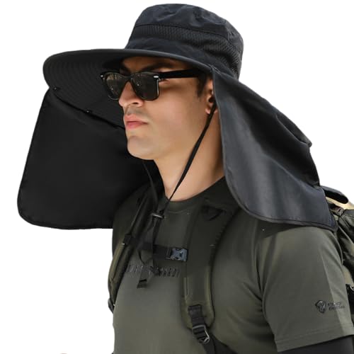 HUAMULAN Women Wide Brim Summer Sun Hat Ponytail Hole with Neck Flap - color: Hyp016-black
