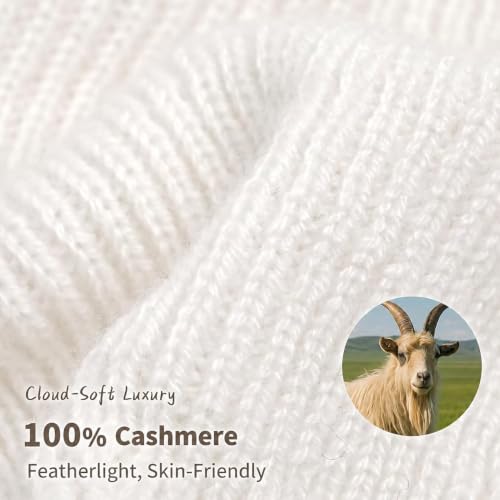 100% Cashmere Beanie for Women and Men, Soft Warm Winter Knit Hat - color: White