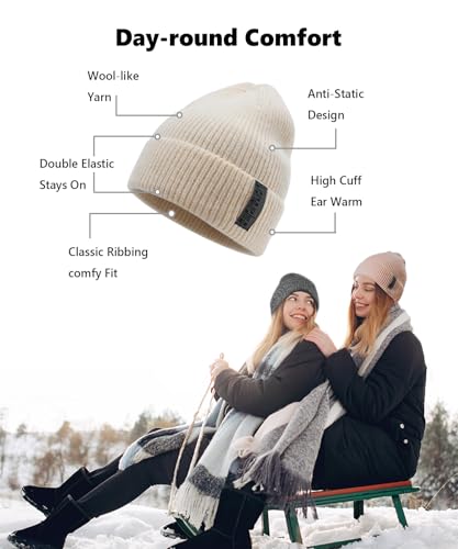 EMPIRELION Wool-Like Cuff Beanie, 0% Wool Itch-Free, Thick Thermal Knit Warm Winter Hats,Soft Stretch Outdoor Cap - color: Frosted Vanilla