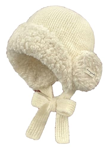 Women Winter Fleece Beanie Hat with Ear Flaps Soft Warm Crochet Skull Caps - color: White