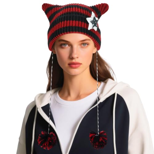 DOCILA Winter Beanie Hat for Women Warm Fleece Lined Pom Knit Earflap Hats Cute Outdoor Snow Ski Skull Cap - color: Cat Ear-blackred