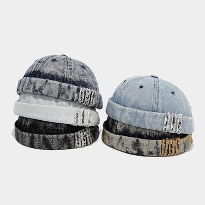 Unisex Washed Denim Distressed Rolled Cuff Brimless Docker Cap - color: Yellowish-blue
