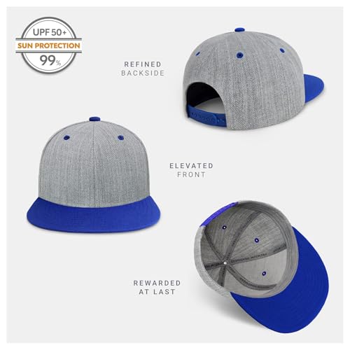 CHOK.LIDS Classic Snapback Flat Bill Hat Blank Adjustable Baseball Cap - color: Heather Grey/Royal