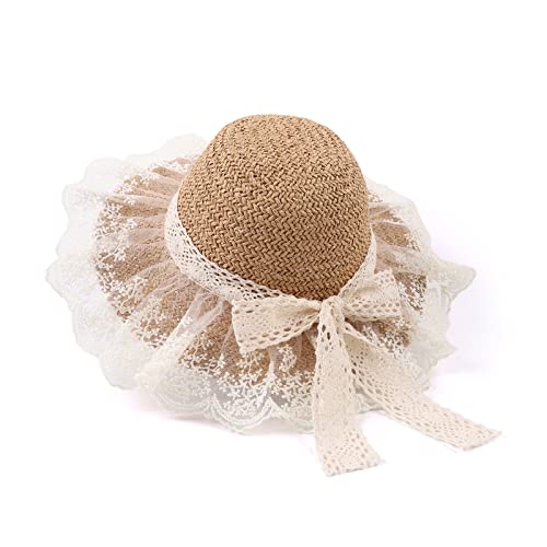 Baby Girl Straw Hat 3-6 Years Girls Summer Beach Hats with Bowknot Sun Protection Hats for Kids - color: Khaki Lace