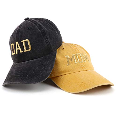 Trendy Apparel Shop Capital Gold Thread Mom and Dad Pigment Dyed 2 Pc Cap Set - color: Mango Black