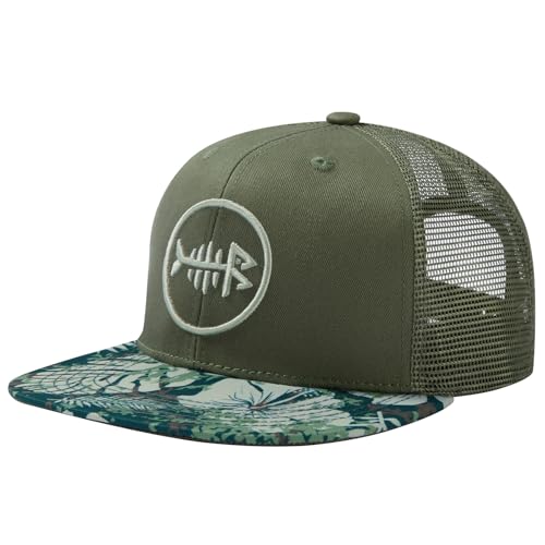 BASSDASH Flat Brim Trucker Cap Adjustable Snapback Hat Mesh Back for Men Women - color: Moss Green/Tropical Plant
