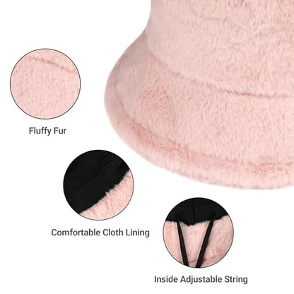 Umeepar Winter Faux Fur Fuzzy Bucket Hat Fluffy Warm Hat for Women Men - color: Plain Light Pink