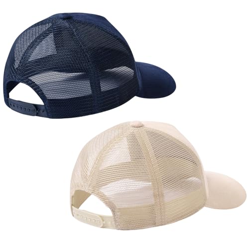 Suede Curved Brim Trucker Cap Adjustable Snapback Hat Mesh Back Breathable for Men Women 2 Pack SH03 - color: Pack of 2, Dark Blue & Bleached Sand