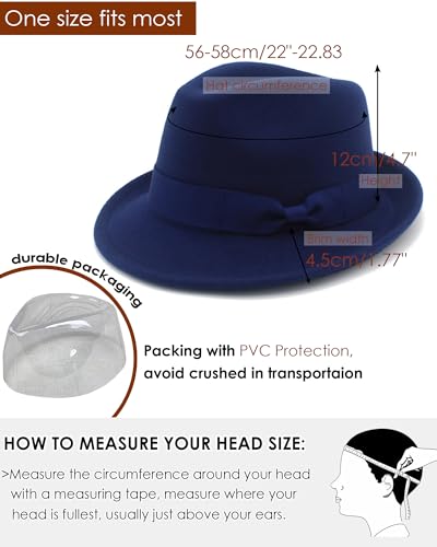 Fedora Hats for Men Women 1920s Short Brim Felt Trilby Hat - color: Navy
