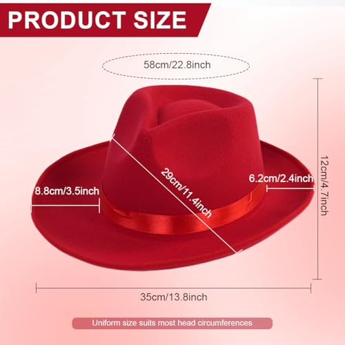 Red Wide Brim Felt Fedora Hat with Satin Ribbon Dress Panama Hat Rancher Cap for Unisex Halloween Costume