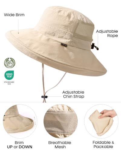 FURTALK Sun Hats for Women Wide Brim Ponytail UV Packable Hiking Travel - color: Khaki