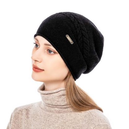 Knit Slouchy Beanie Hats for Women Cashmere Ski Cap Knitted Wool Soft Warm Winter Hat - color: B02a-black