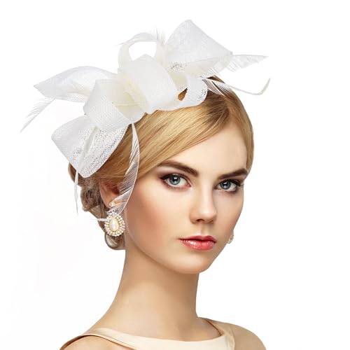 Zinniday Victoria Tea Party Hat - 2025 Bow Derby Attire Hats with Hairpin,1920s 50s Feather Fascinators for Women - color: Beige